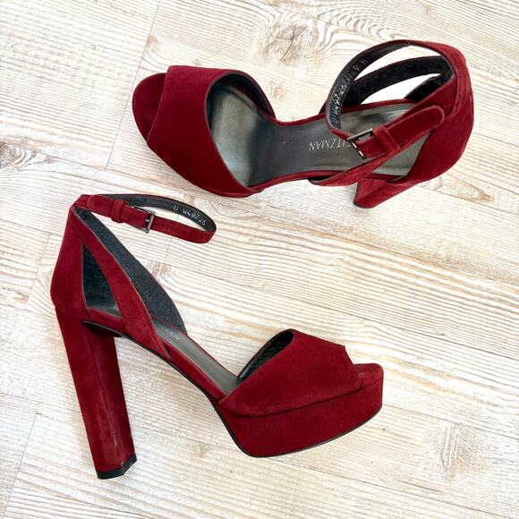Stuart Weitzman Hijinx Platform Suede Peep Toe Heels | Deep Red Size 9 - Picture 1 of 11